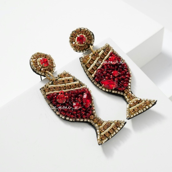 Wine Glass seed  Beaded Earrings - Picture 2 of 3